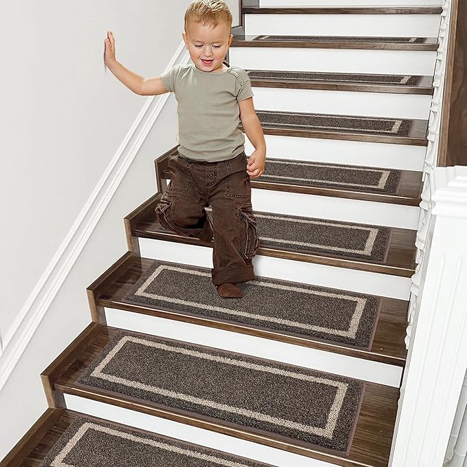 COSY HOMEER Soft Stair Treads Non-Slip Carpet Mat 28inX9in Indoor Stair Runners for Wooden Steps,Stair Rugs for Kids and Dogs, 100% Polyester TPE Backing 4pcs,Brown,Square