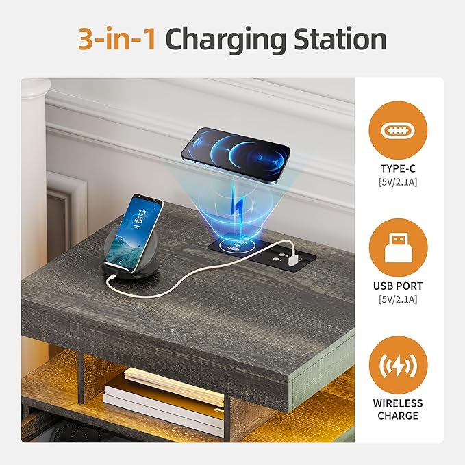 Gurexl Farmhouse Night Stand with Lockable Gun Drawer,LED Nightstand with Charging Station,Bedside Table with Human Sensor 3-Color Lights,End Table with 3 Drawers,Bedroom,Rustic