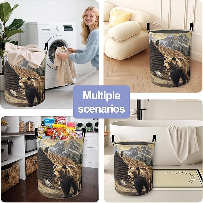 Cute Brown Bear Laundry Hamper Large Canvas Fabric Lightweight Storage Basket/Dirty Clothes Collapsible Waterproof for College Dorms, Boys and Girls Bedroom,Bathroom