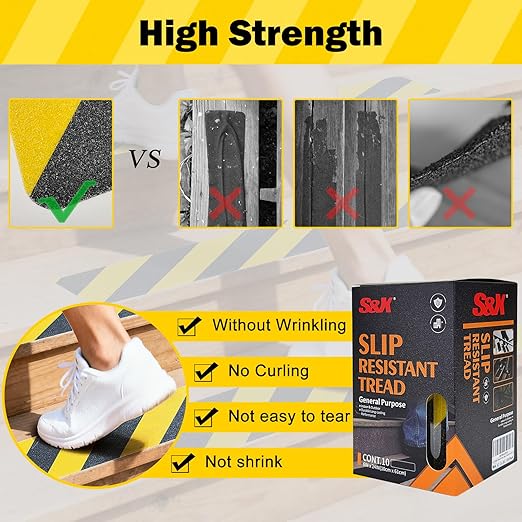 S&X S680 Anti Slip Stair Treads 6" x 30", 10-Pack Pre-Cut Black/Yellow Caution Non Slip Safety Tape Strips for Outdoor Stair Treads, Wooden Steps & Exterior Grips