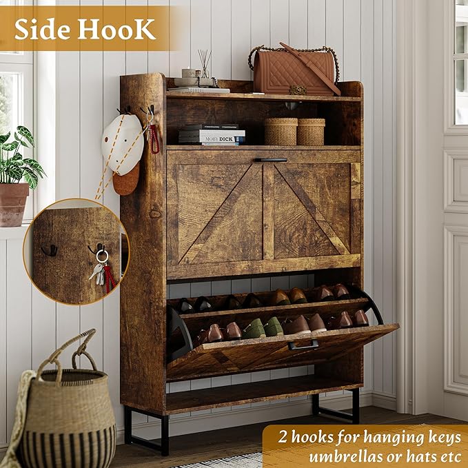 Shoe Cabinet with 2 Flip Drawers, 45" Freestanding Narrow Wood Shoe Storage Cabinet with Metal Legs and Hooks, Slim Shoe Rack Organizer for Entryway, Hallway, Brown