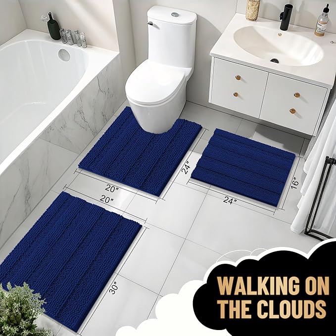 OLANLY Thick Bathroom Rugs 44x24, Extra Soft Absorbent Chenille Striped Bath Rugs, Rubber Backing, Machine Wash Dry, Bath Mats for Bathroom Floor, Tub and Shower, Home Decor Accessories, Navy