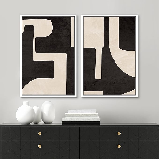 MUDECOR Framed Canvas Print Wall Art Black & White Geometric Paint Stroke Decor Abstract Nature Illustration Modern Art Decorative Multicolor Geometric Minimal for Bedroom - 16"x24"x2 White