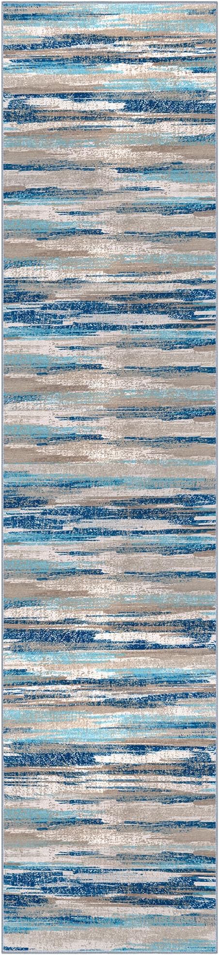 Modern Abstract Runner Rug 3x12, Blue Washable Long Kitchen Runner Non-Slip Soft Hallway Rug Runner Thin Print Faux Wool Carpet for Entryway Bedroom Laundry Room Indoor Home Decor