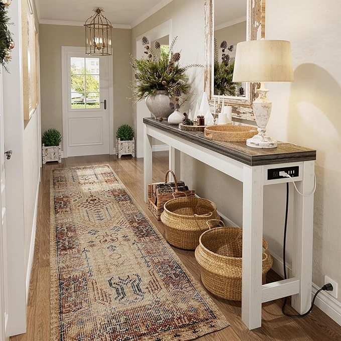 Cyclysio 63" Console Tables for Entryway, Long Console Tables for Living Room, Behind Couch Table, Sturdy Wood Support Farmhouse Entryway Table with 3AC+2USB Charging‌ Station, Oak Grey