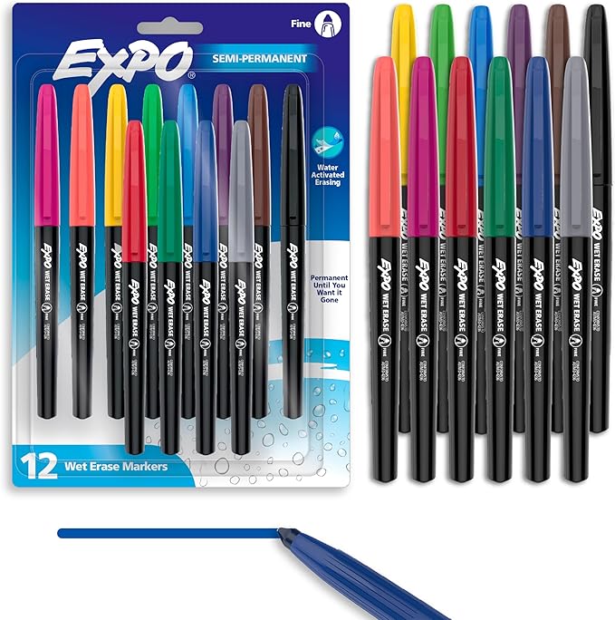 EXPO Wet Erase Markers, Semi-Permanent, Assorted Colors, Fine Tip, 12 Count - For Writing on Glass, Whiteboards, Mirrors, Calendar, Labeling, Organizing