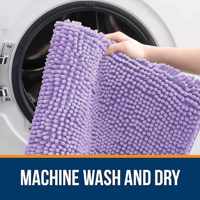 OLANLY Bathroom Rugs Sets 2 Piece, Soft Absorbent Chenille Bath Mats and U-Shaped Contour Toilet Mat Area Rug Set, Machine Washable Bath Carpet, Home Decor Accessories(36"x24"+24"x20", Lavender)