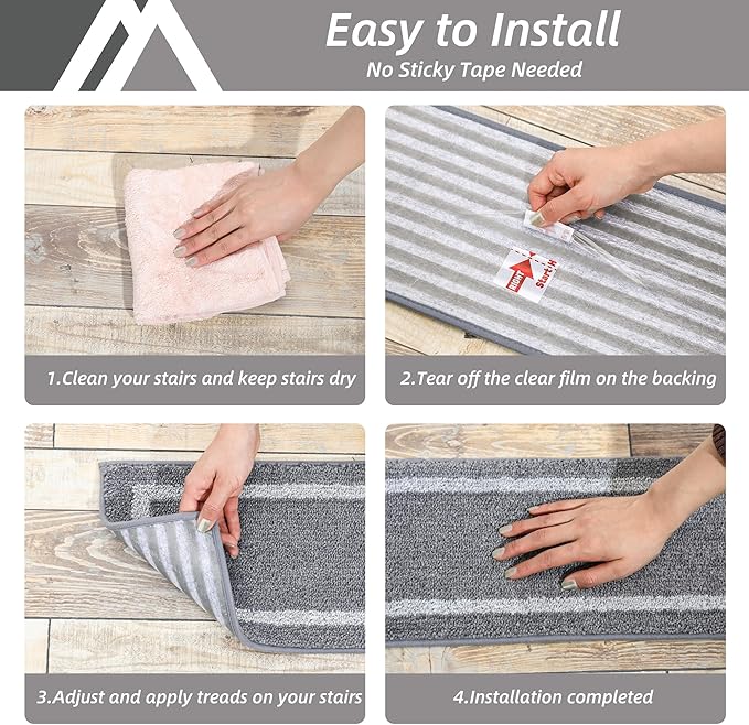 COSY HOMEER Soft Stair Treads Non-Slip Carpet Mat 28inX9in Indoor Stair Runners for Wooden Steps, Stair Rugs for Kids and Dogs, 100% Polyester TPE Backing 10pcs,Grey,Square
