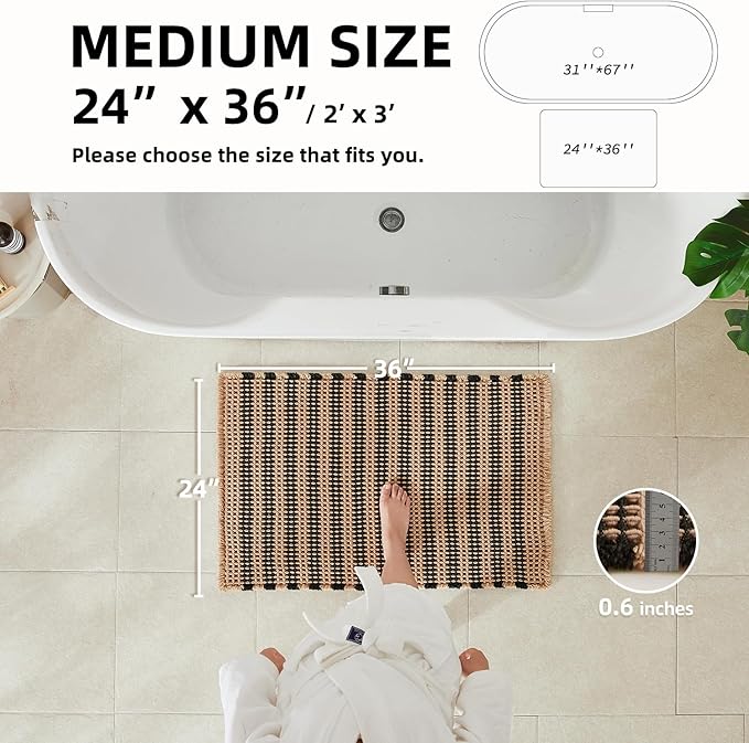 Waffle Bath Mat, Boho Bathroom Rugs Non Slip Washable Super Absorbent Quick Dry Bath Mat Farmhouse Bathroom Decor, 36"x24" Black and Khaki