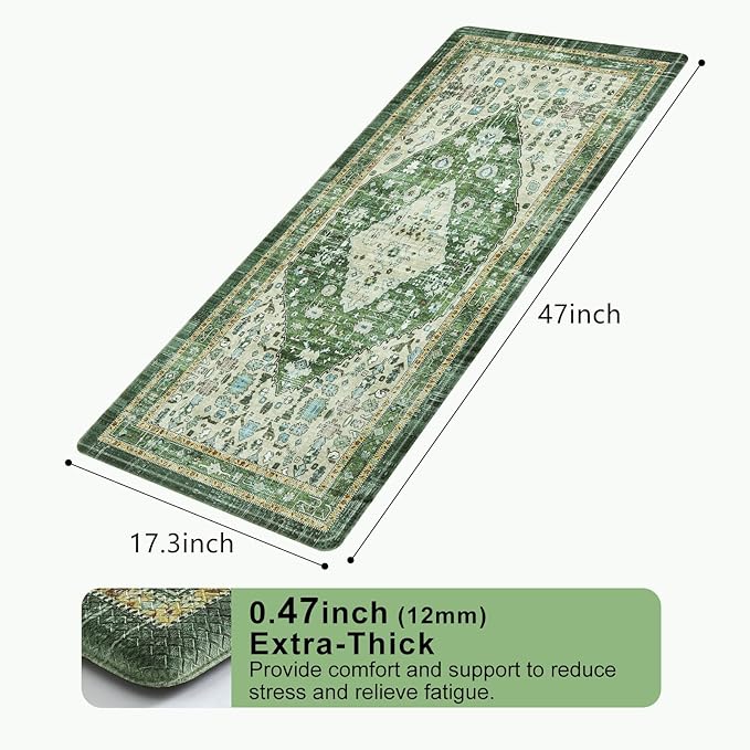 Collive Anti Fatigue Mats for Kitchen Floor, Comfort Non Slip Kitchen Floor Mats Cushioned Standing Desk Mat for Office, Laundry, Sink, 17”x47” Green Waterproof Kitchen Rugs