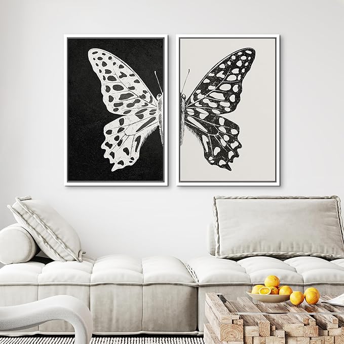 MUDECOR Framed Canvas Wall Art Black and White Butterfly Prints Minimalist Modern Art Boho Wall Decor for Bedroom - 24"x36"x2 White