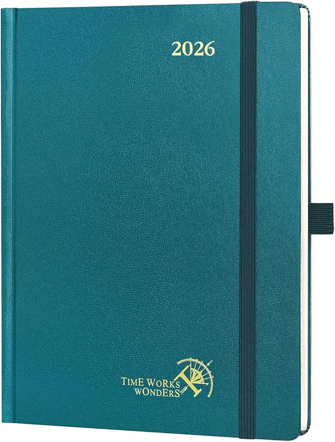 POPRUN 2026 Planner (Medium Size 8.5''x 6.5'' Hardcover) - Daily Weekly and Monthly Calendar Agenda 2026 Appointment Book with Hourly Time Slots, Monthly Tabs, 100 GSM - Pacific Green