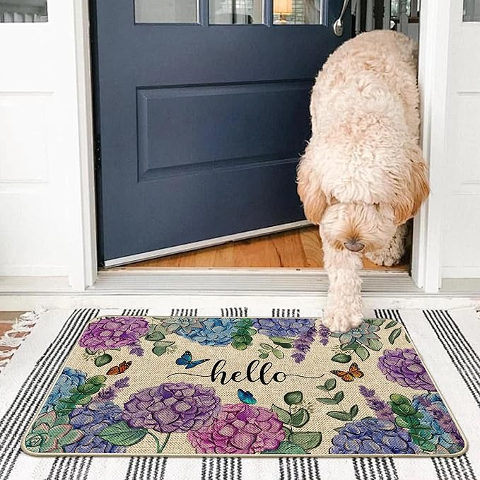 Welcome Spring Door Mat Hydrangea Flowers Doormat Indoor Outdoor Entrance Summer Decor Outdoor Rug Low-Profile Floor Rug Non Slip Spring Summer Decor Rubber Mats for Home Decoration 17x29Inch