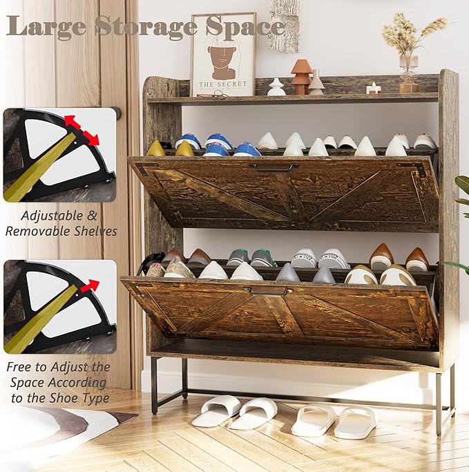 Narrow Shoe Storage Cabinet, Hidden Shoe Cabinet with 4 Wooden Legs,31.5" W Farmhouse Style Freestanding Shoe Rack, Rustic Brown Shoe Cabinet with 2 Flip Drawers for Entryway, Hallways