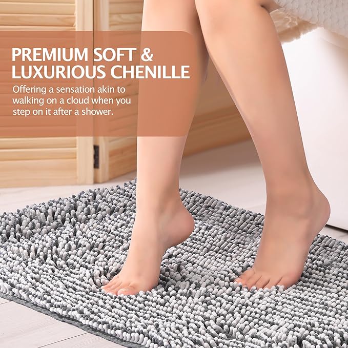 Bathroom Rugs 2 Piece Set – Absorbent, Non-Slip, Soft Chenille Bath Mat, Machine Washable, Comfortable Floor Mats (24"×17” & 20"×30”, Gray Grey)