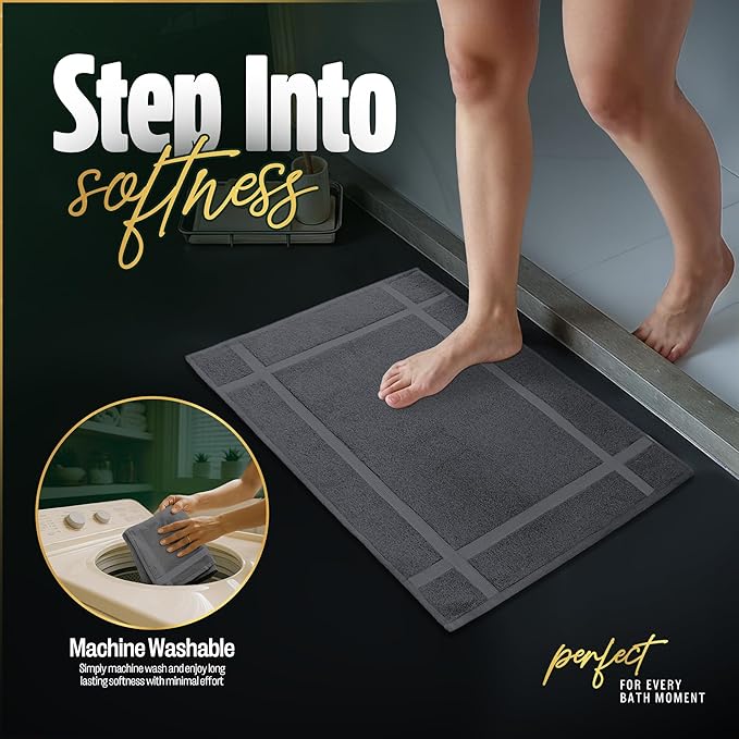 Pearl Linens 100% Ring Spun Cotton Bath Mat (Pack of 2) 20 x 30 Inch, Washable, Soft & Absorbent Terry Bathroom Floor Mat – Not Bathroom Rugs – Quick-Dry After Shower Bath Mat, 687 GSM, Dark Grey