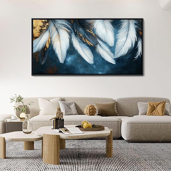 Mofutinpo Blue and Gold Wall Art Framed Navy Blue Decor for Living Room Feather Canvas Art Wall decorations, Blue Bedroom Wall Decor Above Bed Pictures Wall Decor, Painting - Artwork for Walls 20×40IN