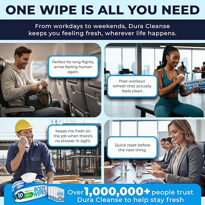 Dura Cleanse Body Wipes for Adults - Everyday Clean (Instant Fresh) - 2 Pack (108 Wipes), XL No-Rinse Bathing Wipes, Disposable Washcloths, Waterless Shower Alternative for Camping & Elderly Care