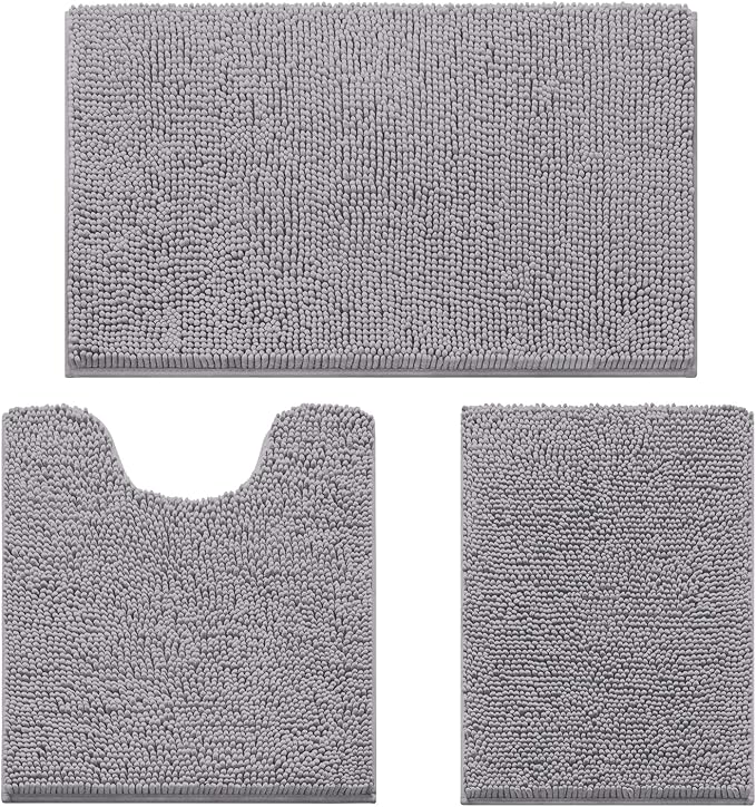 HOMEIDEAS 3 Pieces Bathroom Rugs, Ultra Soft Non Slip Absorbent Chenille Toilet Bath Mat Set (Grey)