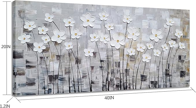 YHSKY ARTS Flower Picture Wall Decor with Heavy Textured Modern Grey and White 3D Paintings Contemporary Aesthetic Artwork for Living Room Bedroom Bathroom Decor