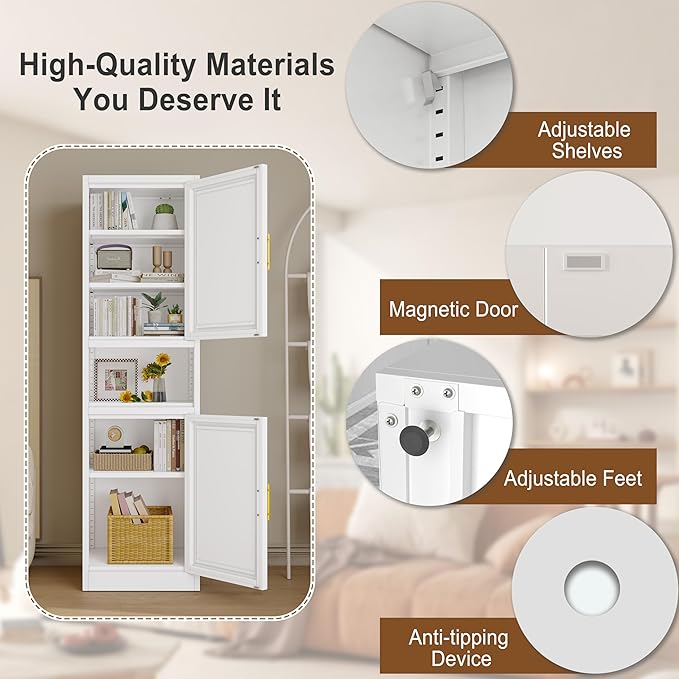 67" Tall Narrow Storage Cabinet Metal Bathroom Cabinet with 2 Doors & 4 Adjustable Shelves, Standing Pantry Cabinets Cupboard for Kitchen, Dining Room, Living Room and Bathroom (White)