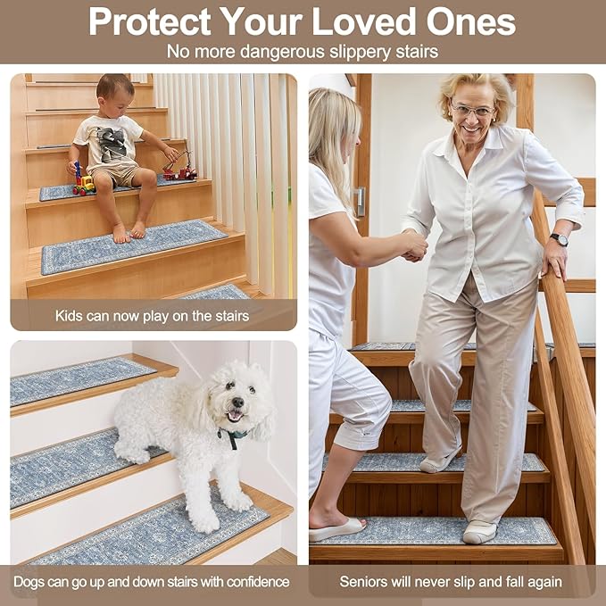 OJIA Stair Treads Non-Slip Matching Mat for Wooden Steps, Square Capet Stair Treads Rubber Backing Stair Runner Anti-Slip Stair Landing Mat 31x31 Inch Stair Rugs