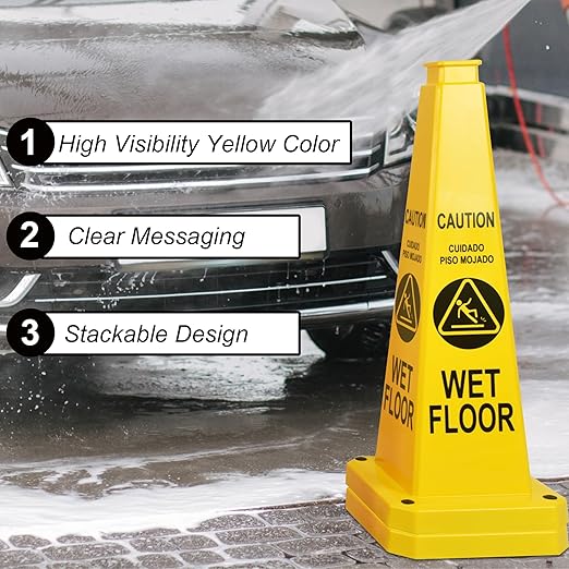 OrangeStar 3-Pack 28" Wet Floor Caution Cones, Yellow 4-Sided Bilingual Warning Message Safety Traffic Cones with Heavy Rubber Base for Indoor/Outdoor Use