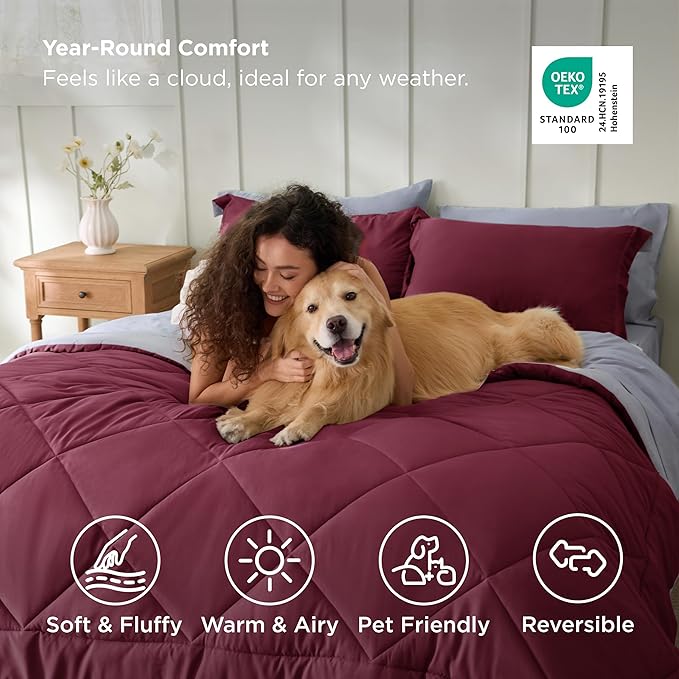 Bedsure Twin Comforter Set - 5 Pieces Reversible Burgundy Bedding, Twin Size Bed Set for All Seasons, Bed in a Bag with Down Alternative Comforter, Sheets, Pillowcase & Sham