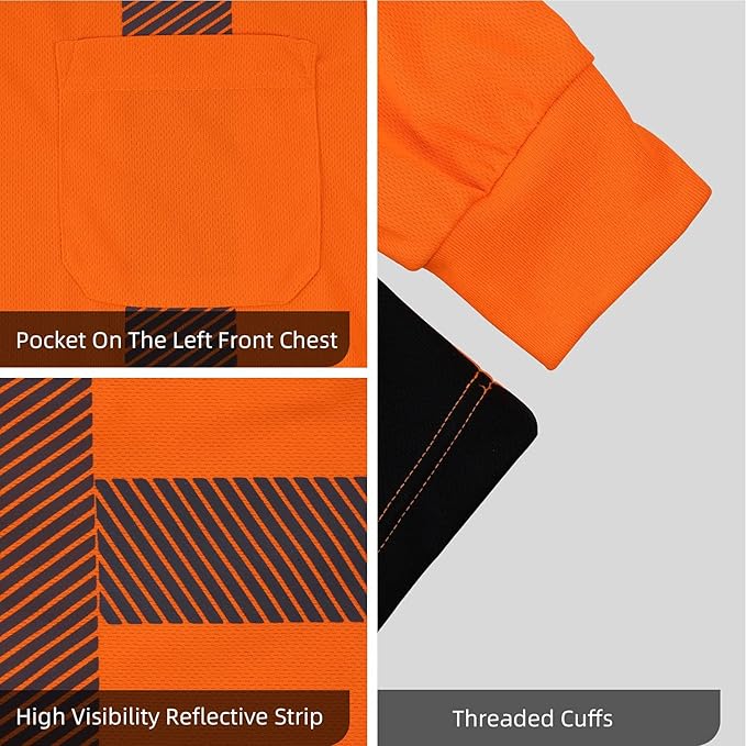 FONIRRA Safety Shirts for Men High Visibility Reflective ANSI Class 2 Hi Vis Construction Work T Shirts Long Sleeve