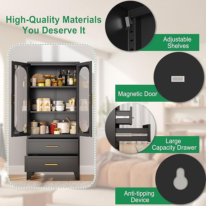 Metal Garage Storage Cabinet, Kitchen Pantry Storage Cabinet with 2 Drawers and 2 Adjustable Shelves Versatile Storage for Homes Offices Gym Basement Warehouse (Black)