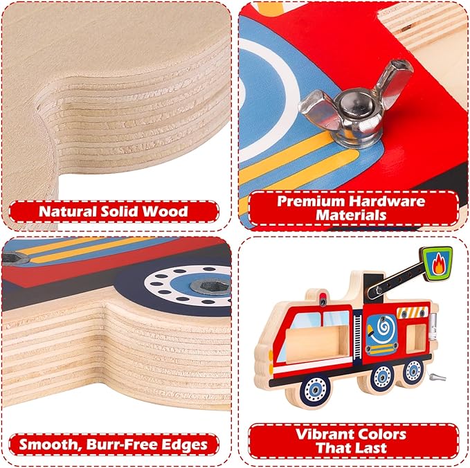 Montessori Screwdriver Busy Board Fire Truck – Wooden STEM Fine Motor Skills Sensory Learning Toy for Kids Ages 3–6, Great Gift for Boys and Girls