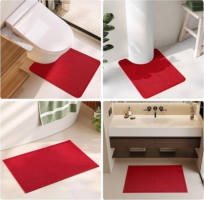 Christmas Toilet Rug, Thin Toilet Rugs U Shaped Washable Non Slip Absorbent Quick Dry Low Pile Toilet Mat, Red 20"x24" U Shape