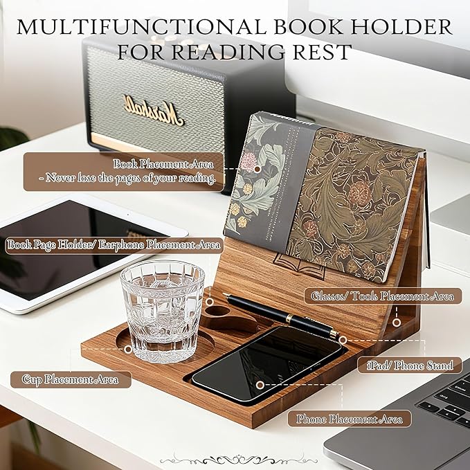 Book Holder Stand for Reading Rest, Wooden Foldable Bookshelf with Thumb Page Holder, Cup, iPad & Phone Stand, Book Nook Reading Valet Desktop Triangle Bookstand for Readers Bookworms Gifts