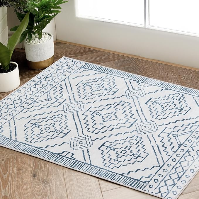 jinchan Moroccan 2x3 Rug for Entryway - Machine Washable Rug Modern Geometric Kitchen Soft Faux Wool Non-Slip Indoor Doormat Ultra-Thin Carpet for Entrance Bathroom Bedroom Living Room (2x3ft, Blue)