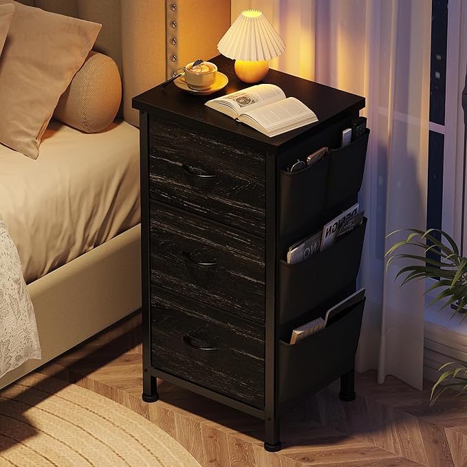 EnHomee Tall Nightstand, Night Stand with Drawers for Bedroom, Bedside Table with Wooden Top, Sturdy Steel Frame End Table, Dorm Nightstand for Bedroom, Entryway, Hallway, Closet, Cloth Bags,Black