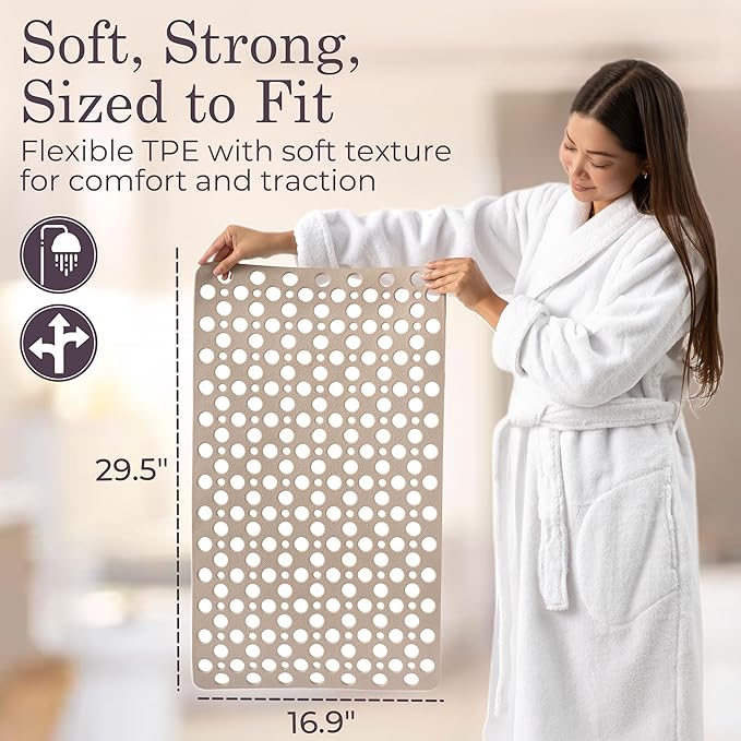 Non Slip Bathtub Mat and Shower Mat Beige TPE Strong Suction Cups Aesthetic Bath Mat for Inside Shower with Soft Texture, Quick-Dry Drain Holes, Spa-Inspired Design 30x17” (75x43 cm)