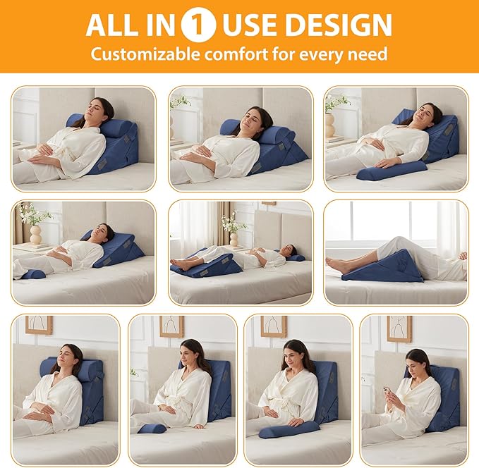 3PCS Wedge Pillow Set for After Surgery, Adjustable 9&12 Inch Bed Wedge Pillow for Sleeping, Incline Pillow Wedge for Headboard, Post Surgery, Acid Reflux, Neck&Back Support, Navy