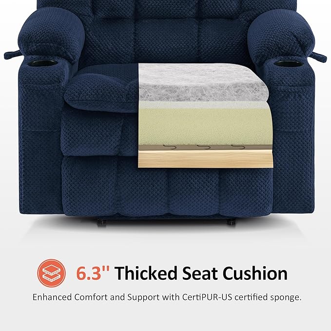 MCombo Dual Motor Power Lift Recliner Chair for Elderly, Lay Flat Lift Chair with Heat and Massage, Extra Wide Lift Recliner for Big People, Cup Holders, Fabric R7897 (Medium-Wide, Navy Blue)