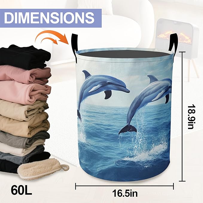 Laundry Basket,Dolphin Jump Large Canvas Fabric Lightweight Storage Hamper Organizer Dirty Clothes Collapsible Waterproof for College Dorms,Bathroom