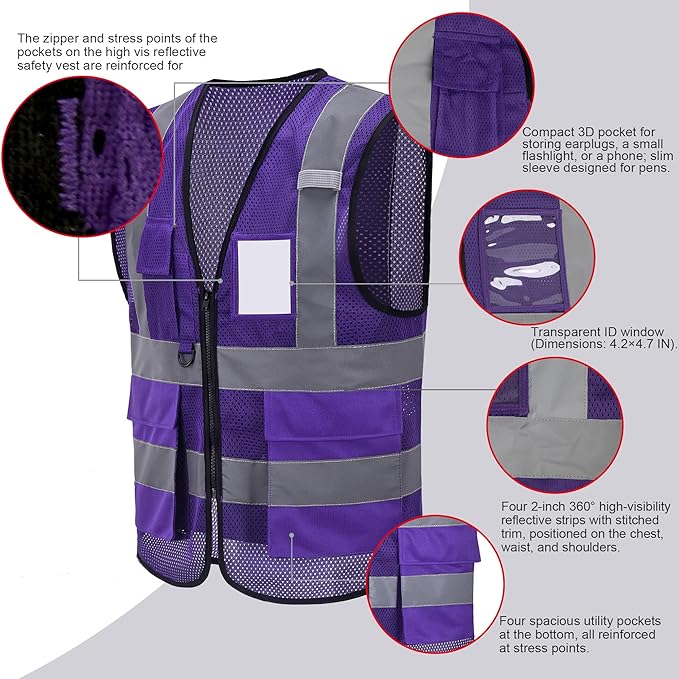 High Vis Safety Vest Reflective Strips, Multi-Pocket Design, Available in Yellow,Orange,black,Pink,blue,Red,purple