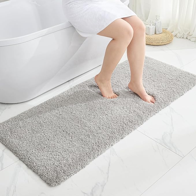 Gray Bathroom Rug 24x48 Non Slip Fluffy Bath Mat for Bathroom Floor Washable Plush Luxury Bath Rug for Tub Soft Shaggy Absorbent Shower Sink Mat
