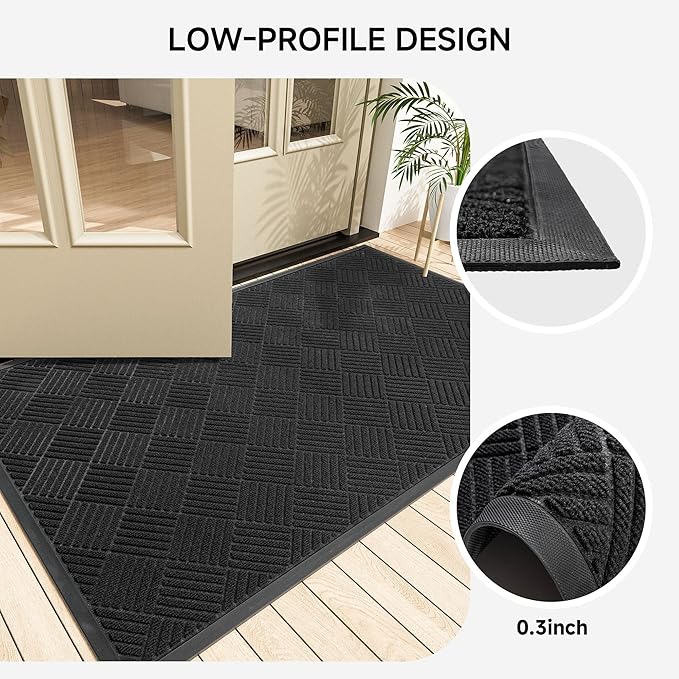 Front Door Mat, Heavy Duty Indoor Outdoor Doormat, 48" x 36" Low Profile Outdoor Mats for Home Entrance, Stain and Fade Resistant Welcome Mat Ideal for High Traffic Area, Diamond Black