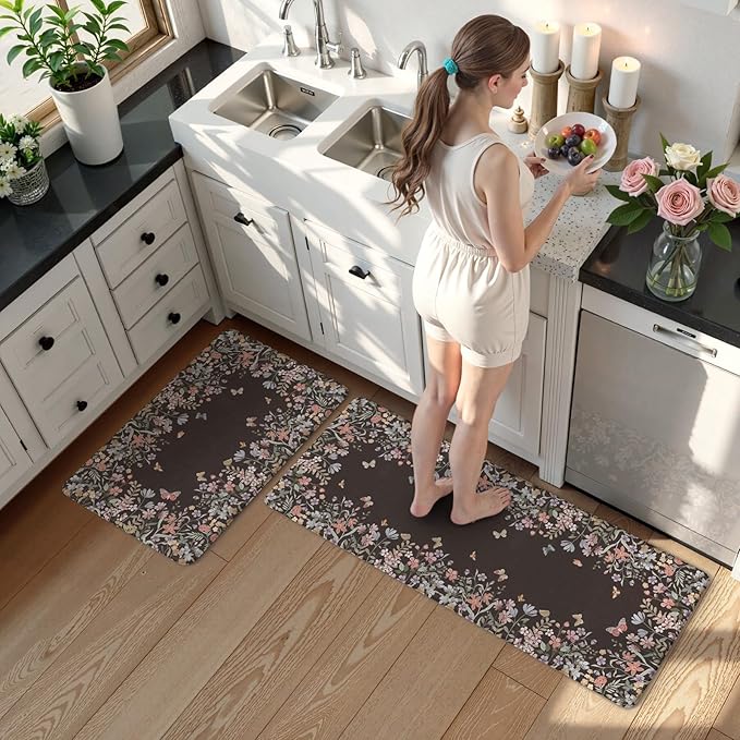 KIMODE Anti Fatigue Kitchen Mats for Floor, Farmhouse Black Kitchen Rugs Sets of 2, Summer Cushioned Kitchen Floor Mats, Comfort Standing Mats for Sink Laundry Office Desk 17"x47"+17"x29"