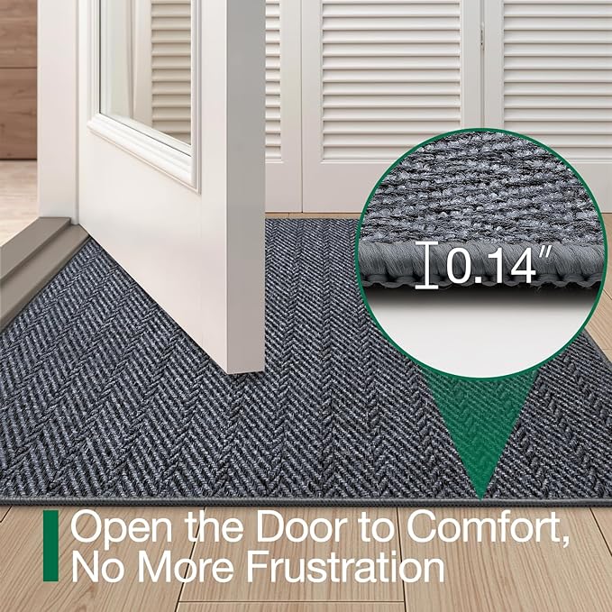 LUMI Ultra Thin Indoor Door Mat for Entrance 24"x36", Non Slip Entryway Mat, Low Profile Doormat, Unique Herringbone Design Carpet for Inside, Patio, Porch, Medium Gray