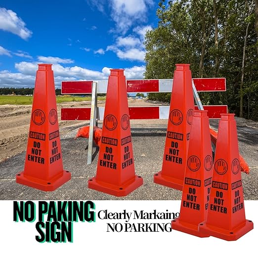 BESEA Caution Cone 5 Pack, 28" Caution Cone with Weighted Base, Red 4-Sided “Cantion Do NOT Enter ” Warning Cone for Creation Area Driveways, Business Parking Lots, Garages, Indoor/Outdoor