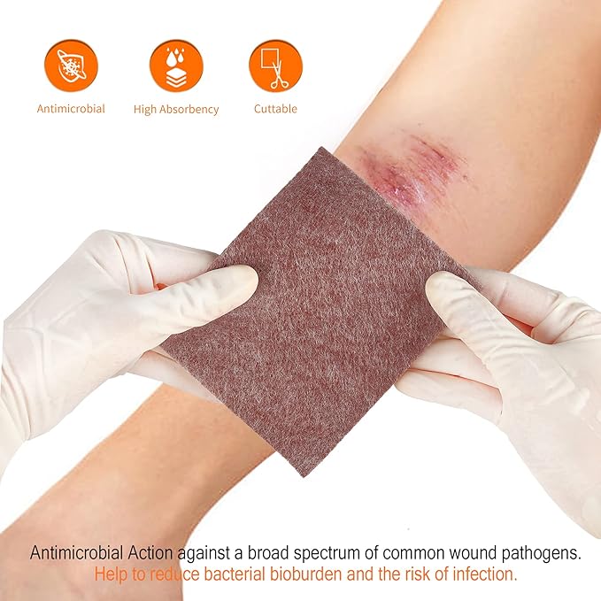 Silver Calcium Alginate Wound Dressing Pad, 4’’x5’’ Patch, High Absorbency Non-Stick Ag Gauze for Pressure Ulcer,Bed Sore,Leg Sore,Diabetic Foot Ulcer, 5 Packs