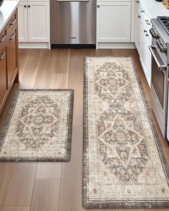 DEXI Kitchen Floor Mats Anti Fatigue, 17x29+17x59 Large Cushioned Runner Rug Waterproof, Standing Comfort Memory Foam Padded for Front Sink Laundry Office Set of 2, Beige and Brown