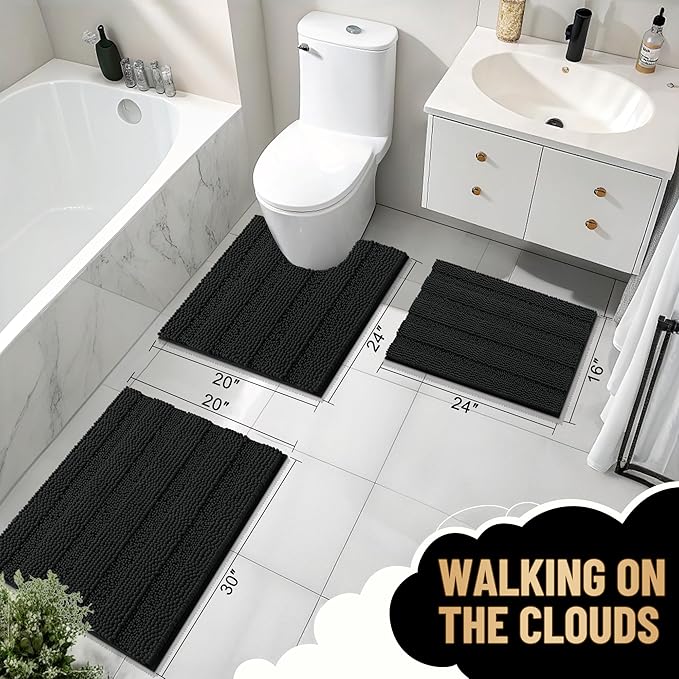 OLANLY Thick Toilet Rugs U-Shaped 24x20, Extra Soft Absorbent Chenille Striped Contour Bathroom Rugs for Toilet, Dry Quickly, Machine Washable, Non-Slip Bath Mat, Black