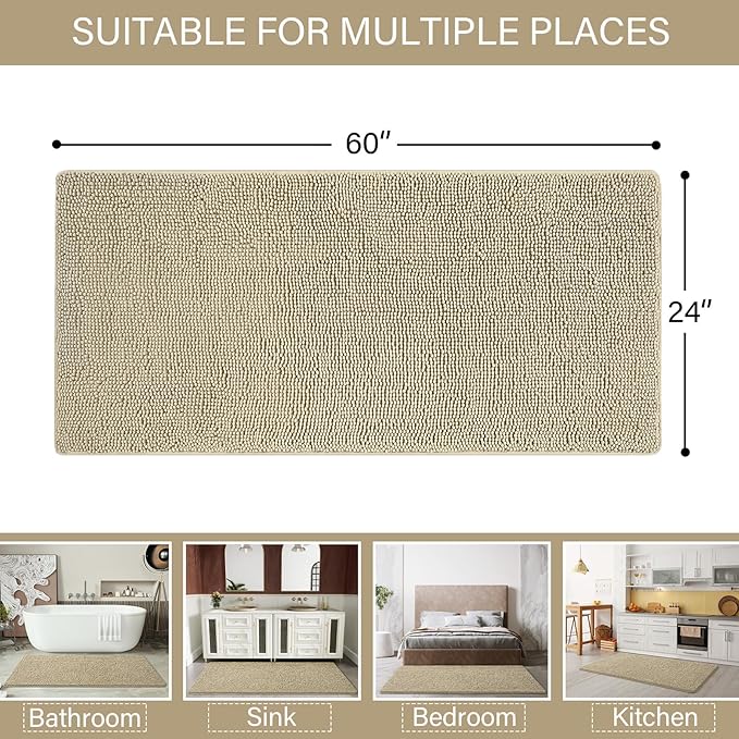 LOCHAS Luxury Bathroom Rug Shaggy Bath Mat 24 x 60 Inch, Washable Non Slip Bath Rugs for Bathroom Shower, Soft Plush Chenille Absorbent Carpets Mats, Beige