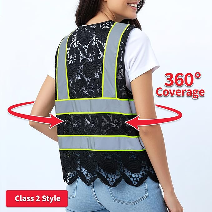 Lace-Mesh Safety Vest for Women & Men - Breathable, High Visibility Vest with Zipper & ANSI Class 2 Reflective Strips